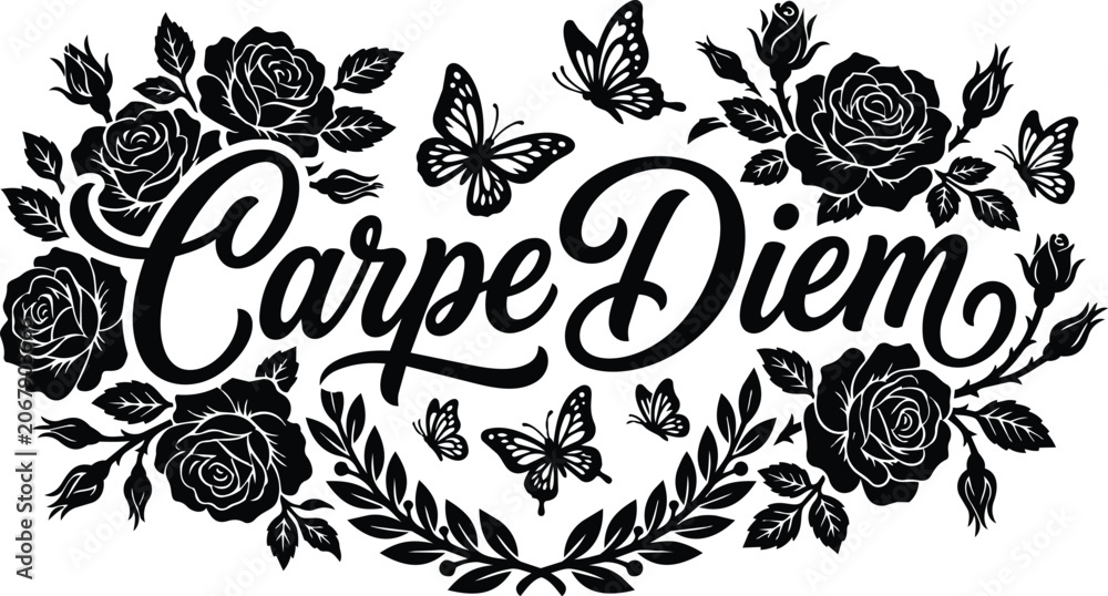 Fototapeta premium Floral vector art with carpe diem script roses and butterflies ornament design