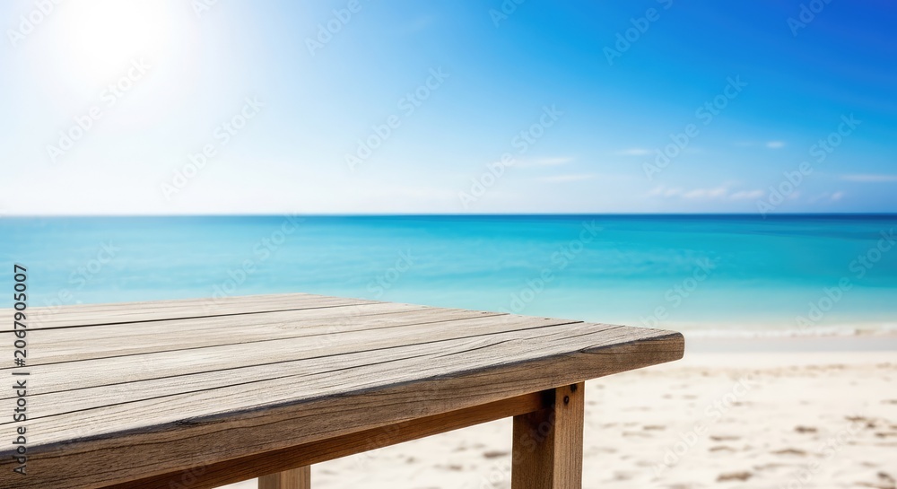 Fototapeta premium A weathered wooden table stands on soft white sand, overlooking the calm blue ocean during a bright, sunny day with clear turquoise water, plank, ocean, copy space
