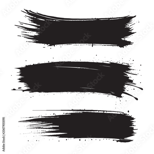 Set of brush strokes with grunge texture, paint smears, and ink splashes isolated on a white background. Abstract vector design elements suitable for branding, typography, posters, banners, and 