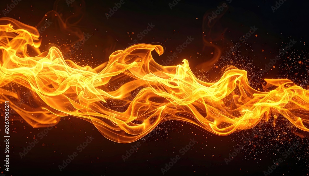 Fototapeta premium Vibrant fiery flames dance across a dark background with glowing embers.