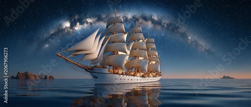 A Majestic Sailboat Navigates the Cosmos: A grand sailing ship with billowing white sails traverses a tranquil sea, set against a breathtaking backdrop of the Milky Way galaxy.