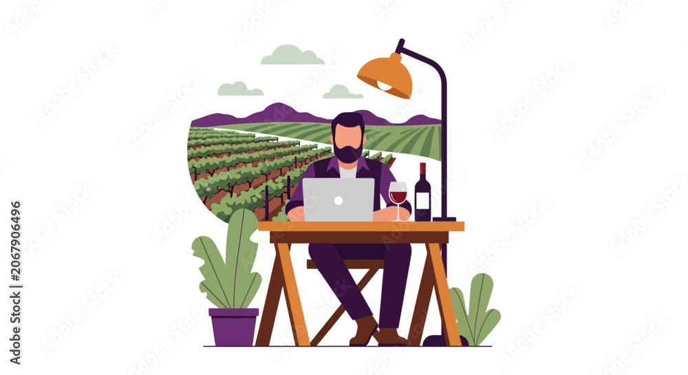 Fototapeta premium Entrepreneur Winemaker Working on Laptop in Vineyard with Wine Bottle and Glass, Flat Vector Illustration