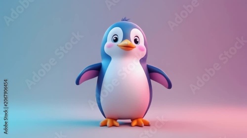 3D cartoon penguin with blue body and pink cheeks, cute digital art concept