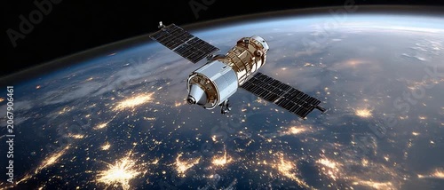 Satellite Orbiting Earth: A state-of-the-art satellite equipped with solar panels orbits our blue planet.