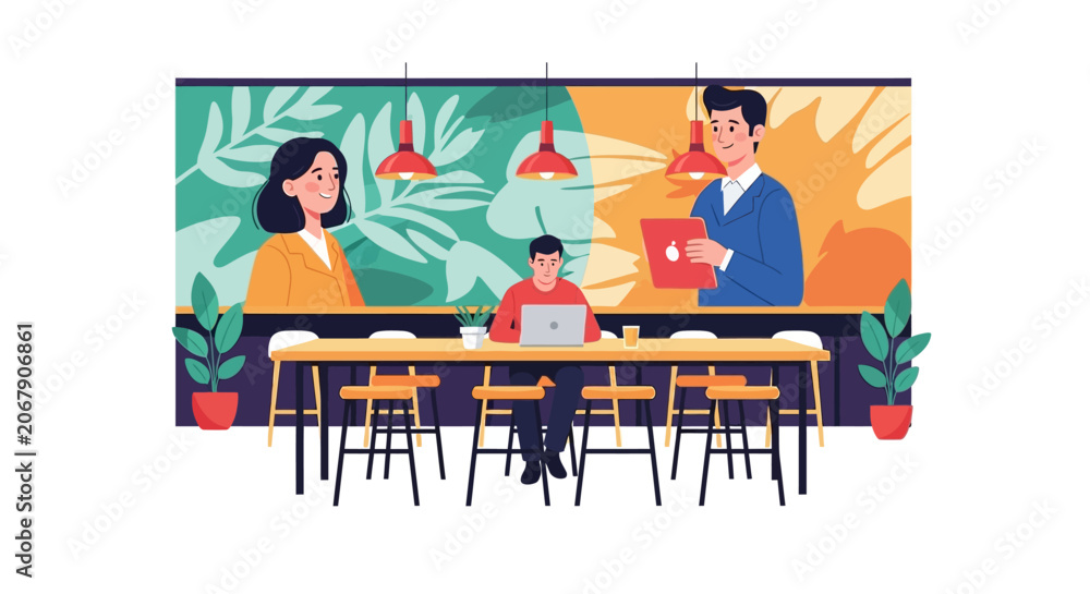 Fototapeta premium Creative Workspace Illustration: Digital Nomad Working on Laptop in Modern Cafe with Virtual Team Screens and Video Conferencing Backdrop