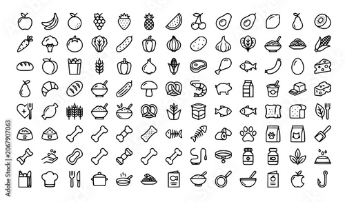 Canvastavla Food Outline Icon Set with Fruits Vegetables Meat and Pet Food Symbols