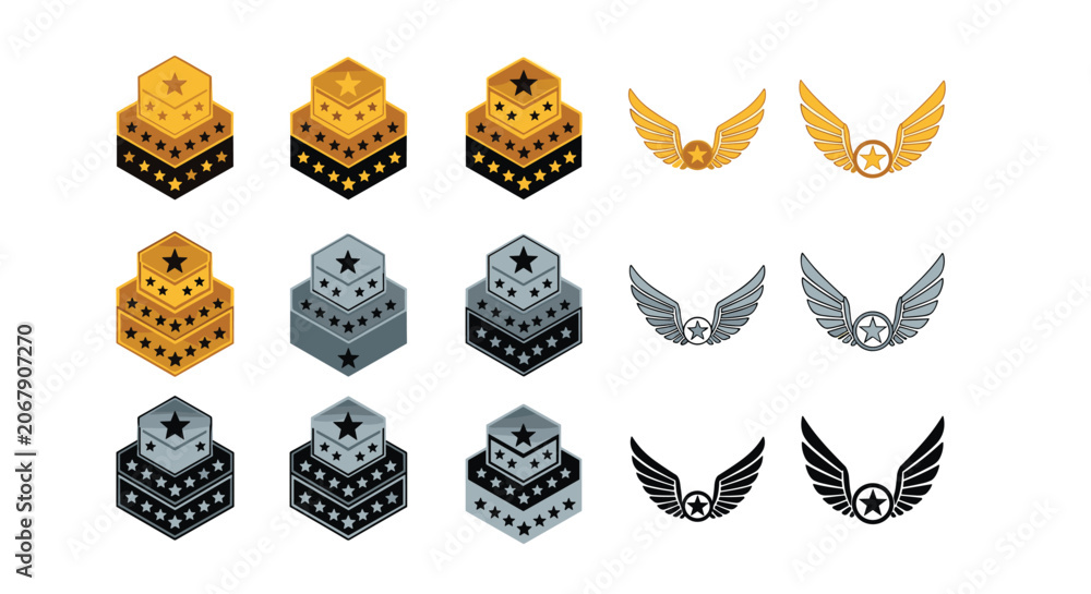 Fototapeta premium Detailed set of military rank insignias and aviation wings includes various gold, silver, and black metal emblems with star motifs.