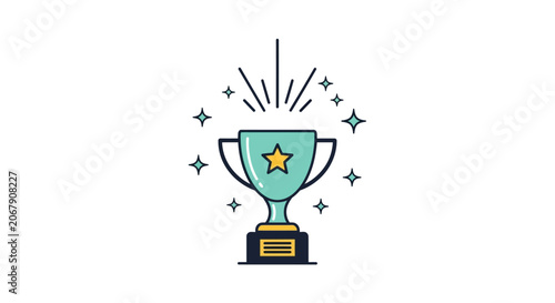 Light blue outline trophy cup with a star and radiating lines surrounded by sparkles on an isolated white background.