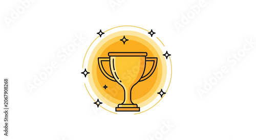 Golden trophy cup in yellow circle with sparkles on an isolated white background.