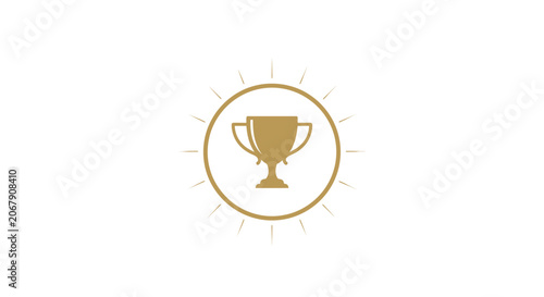 Elegant golden trophy cup icon in a clean circular frame with subtle radiating light lines, representing achievement and victory on an isolated white background.