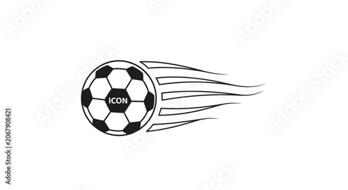Striking black and white soccer ball flying swiftly with bold speed lines, designed as a clean graphic icon on an isolated white background, symbolizing speed and sport.