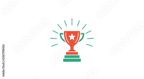 Vibrant red and green winner's trophy cup shining brightly with radiating light lines, representing victory and celebration on an isolated white background.