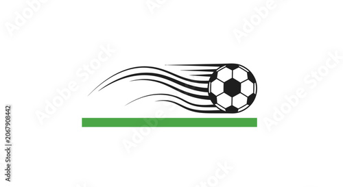 Dynamic black and white soccer ball flying with speed lines over a green field graphic, depicted on an isolated white background, conveying energy and sport success.