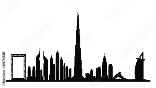 Photos Dubai skyline is captured in a detailed black silhouette featuring iconic skyscrapers and desert architecture