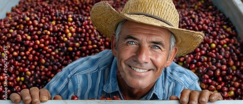 Farmer with Coffee Beans: A smiling farmer wearing a straw hat peeks out from behind a large bin filled with ripe red coffee beans, showcasing a bountiful harvest.