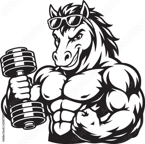 Muscular Horse Fitness Mascot Vector Illustration Holding Dumbbell, Strong Stallion Bodybuilder Character with Sunglasses, Gym Workout Logo Design, Black and White Vector