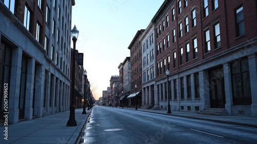Empty Historic City Street at Dawn with Vintage Gas Lamp Style Streetlights and Classic Brick Building Architecture