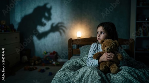 A little girl sits in bed holding a teddy bear while looking nervously at a shadow on the wall in a dimly lit bedroom. The scene conveys childhood imagination, nighttime fears.