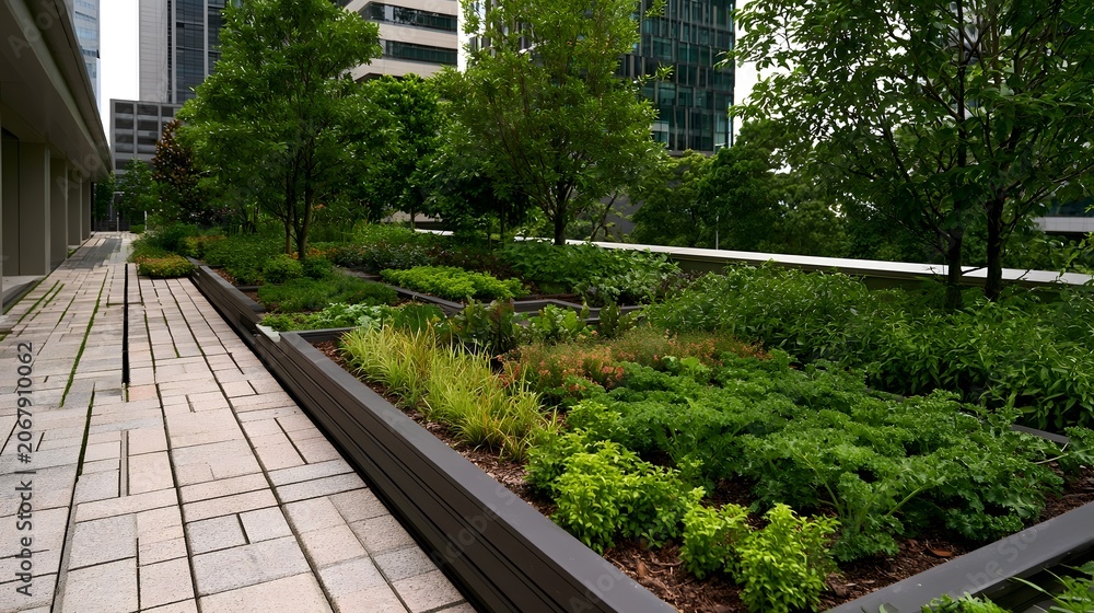 Fototapeta premium A vibrant urban rooftop garden showcases flourishing greenery and responsible practices in a cityscape setting