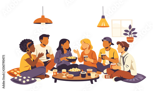 Diverse group of friends enjoying snacks and drinks indoors gathering casual