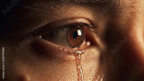 Macro Close Up Shot of a Human Brown Eye Crying a Single Tear Expressing Deep Patriotism and Memorial Remembrance