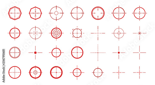 Set of different red crosshair and target reticle symbols including various sights for aiming in video games or technical applications.