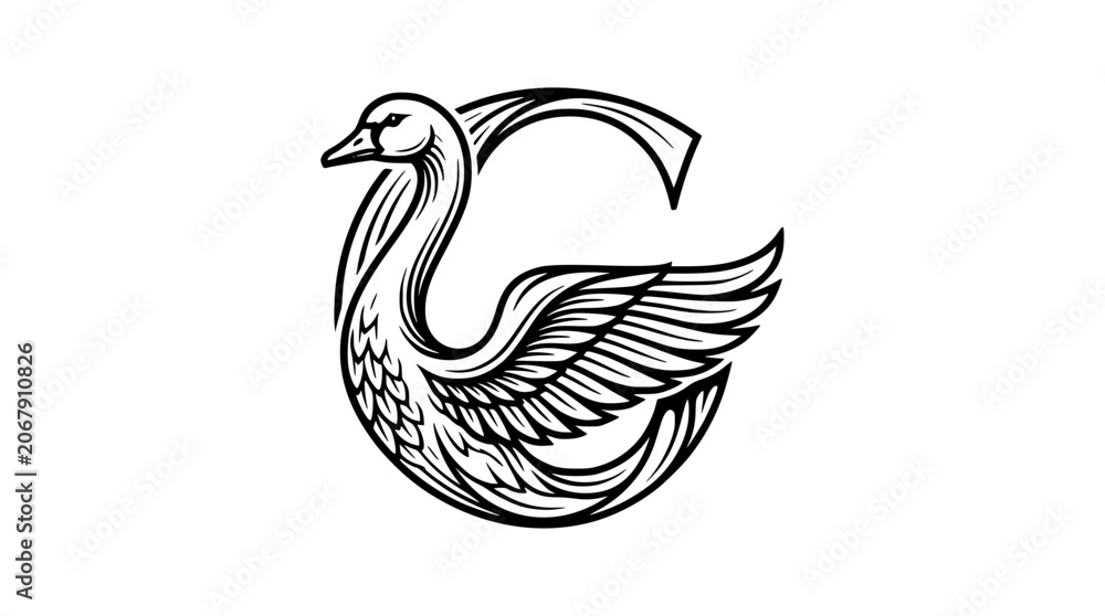 Fototapeta premium Elegant monogram letter G or C logo design combining a swan bird with majestic wings in linear engraving style vector illustration