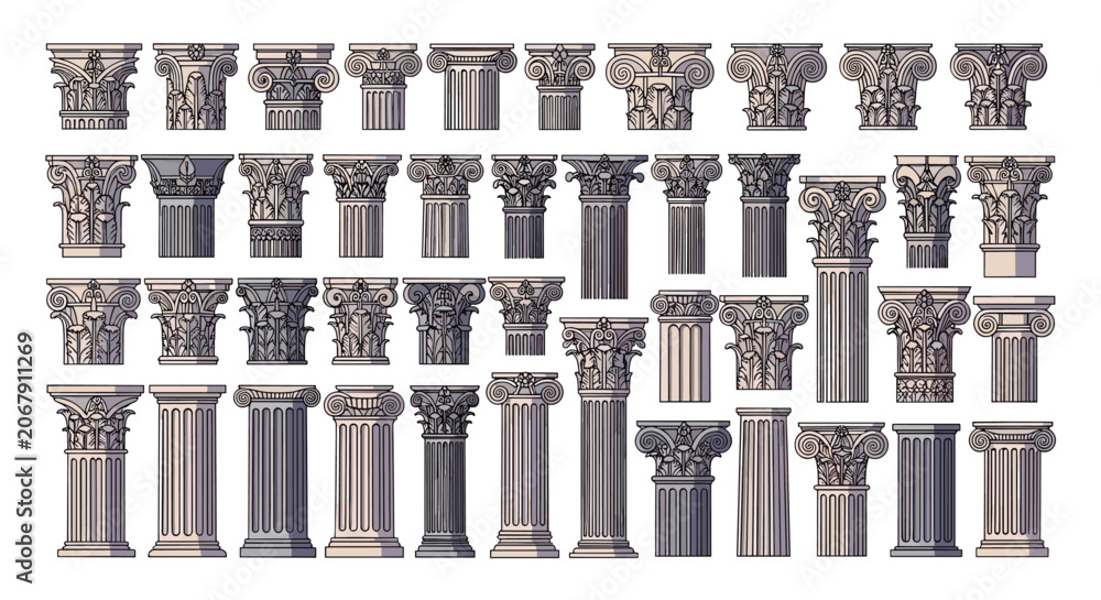Obraz premium Collection of various ancient greek and roman architectural columns with different capitals and fluting styles shown in a set.