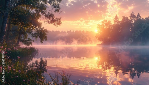 A serene lake at sunrise, with mist rising and sunbeams filtering through the trees.