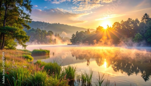 Golden sunrise illuminates a misty lake with verdant shores and reflective waters.