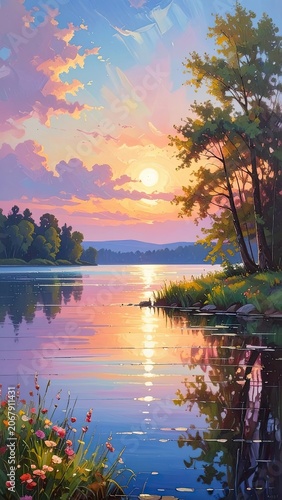 A vibrant impressionistic painting captures a serene lake at sunset with colorful clouds and reflections.