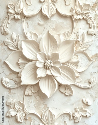 Intricate 3D floral relief artwork with elegant scrolling vine details.