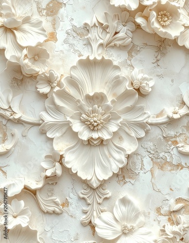 Intricate floral bas-relief sculpture on a textured wall.
