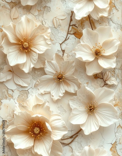 Creamy white flowers with golden centers on a textured background.