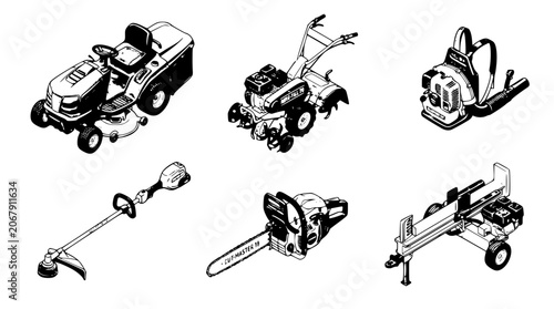 Bild auf Leinwand Isometric garden power tools vector set including riding lawn mower chainsaw lea