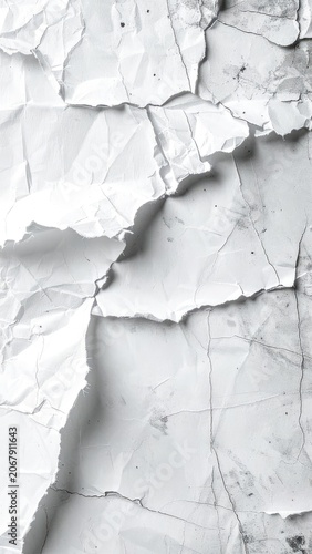 A close-up, top-down view of torn and crumpled white paper.