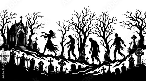 Fotografía Halloween graveyard scene with scary zombie silhouettes walking among tombstones