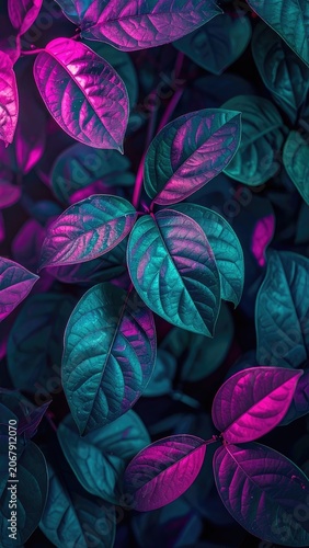 Close-up of lush green leaves illuminated with vibrant neon pink and teal lighting.