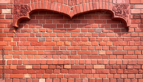 Red brick wall with arched recess and carvings