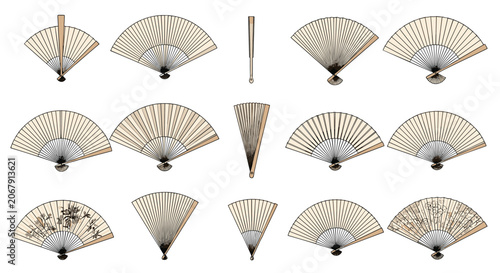Variety of traditional folding fans shown from different angles and featuring various patterns in a hand-drawn vintage style.