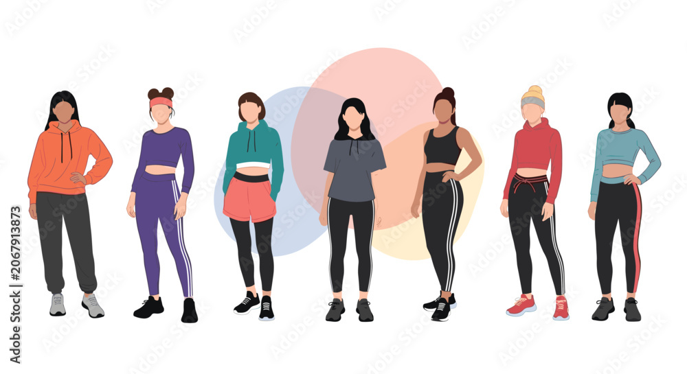 Obraz premium Diverse group of women standing together wearing different styles of colorful athletic wear, yoga pants, and sporty hoodies.