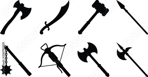 Cuadro en lienzo Collection of medieval weapon silhouettes including swords axes hammers crossbow