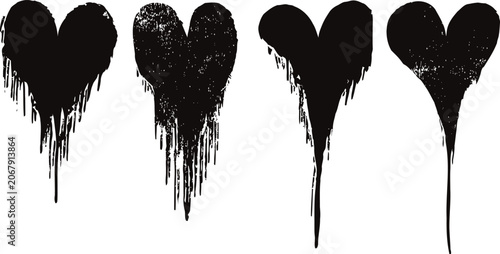 Dripping black hearts silhouette set grunge paint splash ink drops spreading shape design collection