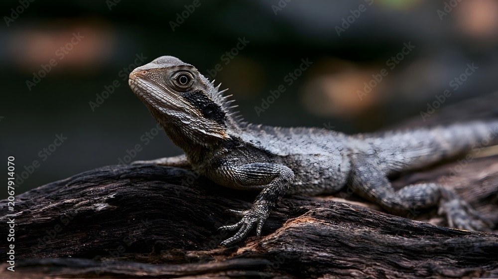 Fototapeta premium A fluffy lizard rests on a wooden log radiating playful energy in natural outdoor lighting