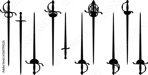 Foto Collection of vintage sword and rapier silhouettes isolated on a white backgroun