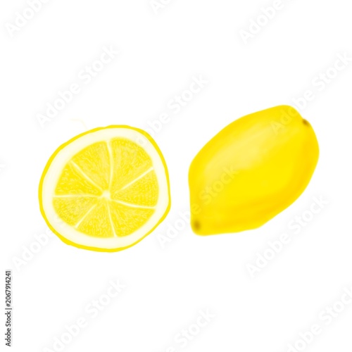 Hand drawn whole and sliced lemon isolated on a clean background. Fresh citrus fruit artwork suitable for food packaging, recipes, health concepts, and decorative designs.