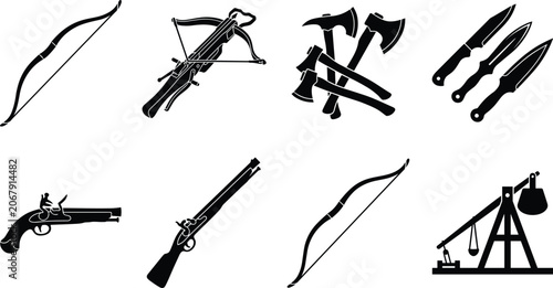 Cuadro en lienzo Collection of vintage weaponry and medieval battle tools isolated icons on a whi