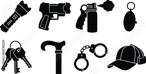 Obraz na płótnie Set of black silhouette icons representing security equipment, self defense tool