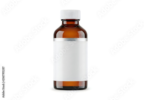 Empty amber glass bottle with white cap on clean background isolated on white background