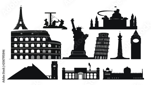 Εκτύπωση καμβά Global architecture silhouettes feature diverse historic monuments and buildings in a black set